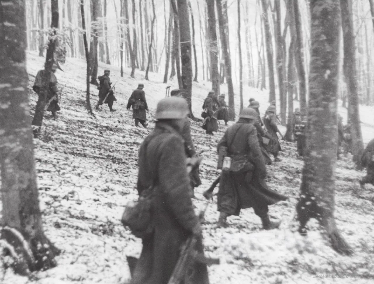 Soldats allemands dans la forêt des Ardennes, offensive Wacht am Rhein décembre 1944