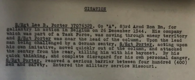 Citation officielle de Lee Brenson Porter, héros de l'évasion de la Task Force Hogan, page 1