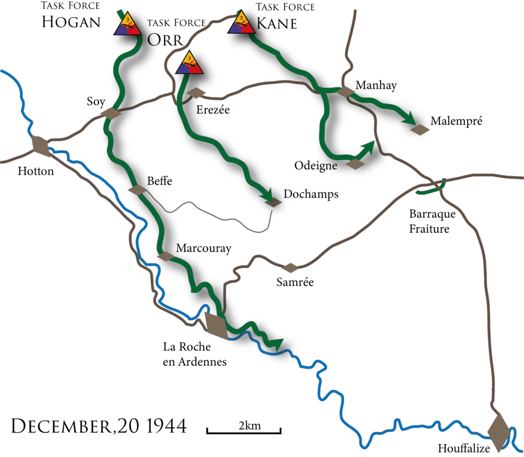 Carte du 20 décembre 1944, position de la Task Force Hogan à Marcouray, Bataille des Ardennes