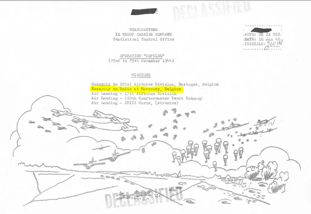 Opération Repulse, ravitaillement aérien C-47 de la Task Force Hogan à Marcouray, décembre 1944