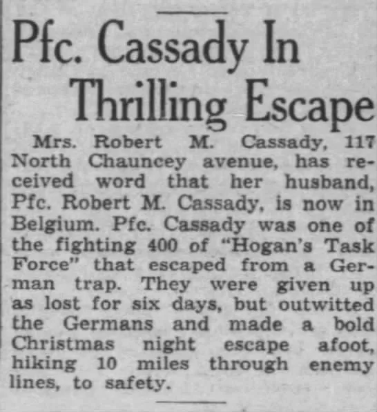Article de presse sur l'évasion de PFC Robert M. Cassady, Task Force Hogan Marcouray 1944